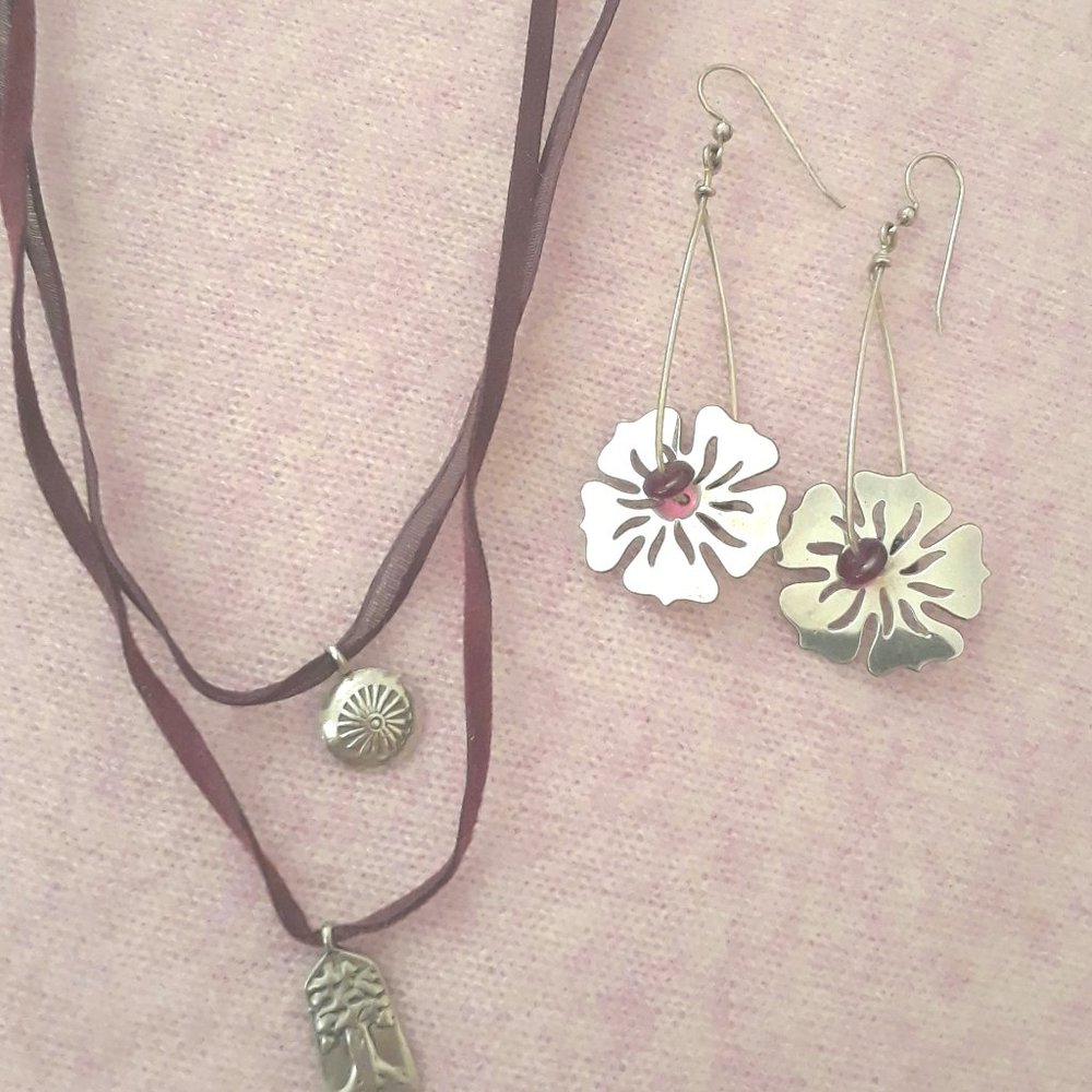 Vintage 1980's Sterling Silver Earrings and J.Jill Silk/Suede, Sterling Necklace